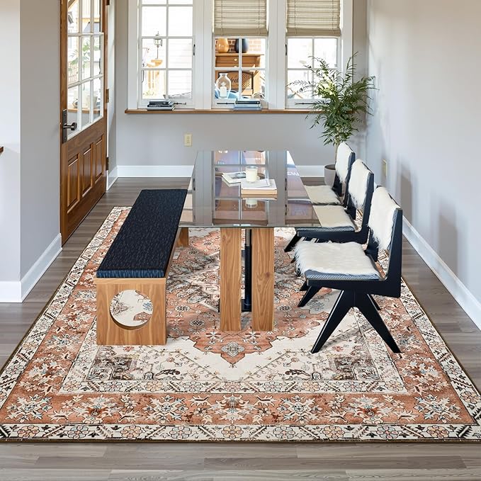 Living Room Rug 6x9 Rug, Machine Washable Area Rug Non Slip Low Pile Rug for Living Room, Bedroom, Farmhouse, Dining Room, Orange