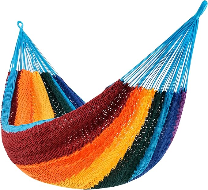 Lazy Daze Hammocks Handwoven Mayan Hammock, 10.5 FT Soft Rope Double Hammocks, Portable Outdoor Hammock with Carry Bag, 2 Straps & carabiners for Patio Outside, 550 lbs Weight Capacity, Rainbow