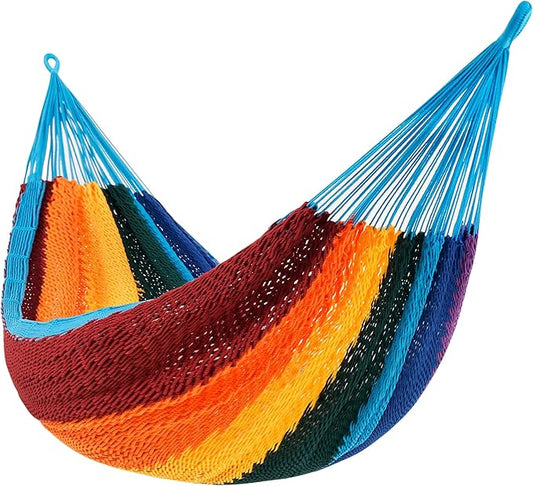 Lazy Daze Hammocks Handwoven Mayan Hammock, 10.5 FT Soft Rope Double Hammocks, Portable Outdoor Hammock with Carry Bag, 2 Straps & carabiners for Patio Outside, 550 lbs Weight Capacity, Rainbow