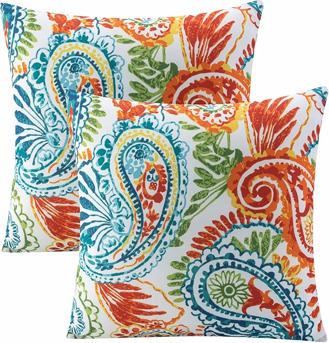 Outdoor Pillows Waterproof Set of 2 Decorative Throw Pillows with Inserts 18×18 Inch Outdoor Square Pillows for Patio Furniture(Paisley Print)