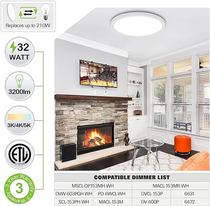 hykolity 18 Inch LED Round Flat Panel Light, White, 32W, 3200lm, 3000K/4000K/5000K CCT Selectable, 120°Beam Angle, Dimmable Edge-Lit Flush Mount Ceiling Light Fixture - ETL Listed