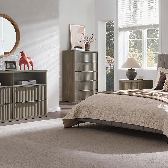 SICOTAS Dresser for Bedroom - Tall Dressers & Chests of Drawers with 5 Drawers Large Modern Dresser for Closet Fluted Wide TV Stand Clothes Closet Storage for Bedroom Hallway Entryway, Grey Alder