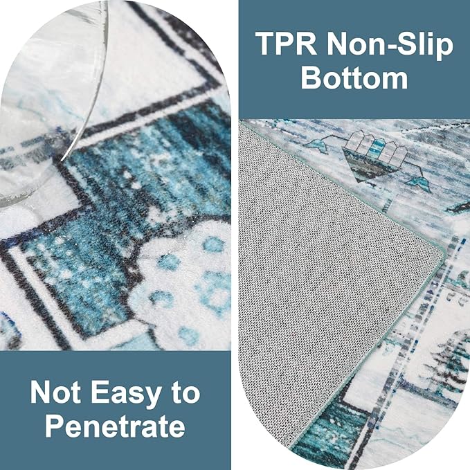 Large Washable 6x9 Area Rug, Blue Vintage Floral Rugs for Living Room, Non Slip Low Pile Carpet for Bedroom Dining Room, Thin Indoor Carpet for Office Classroom