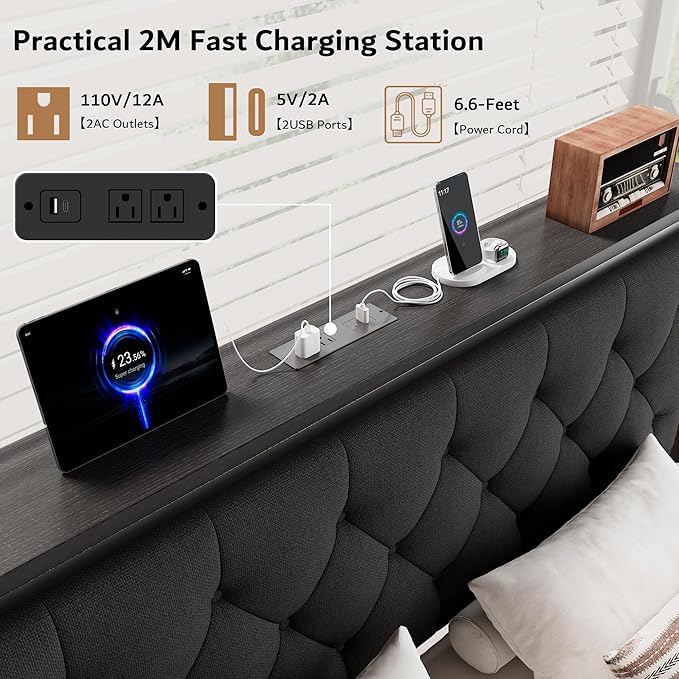 iPormis King Bed Frame with 2 Storage Drawers, Linen Upholstered Headboard Platform Bed with Charging Station, No Box Spring Needed, Metal Slats Support, Noise-Free, Easy Assembly, Black