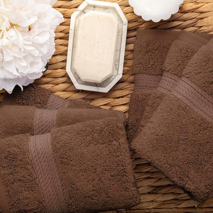 Superior Egyptian Cotton Pile Face Towel/Washcloth Set of 6, Ultra Soft Luxury Towels, Thick Plush Essentials, Absorbent Heavyweight, Guest Bath, Hotel, Spa, Home Bathroom, Shower Basics, Chocolate
