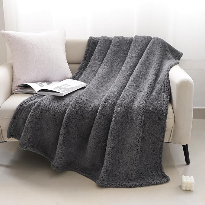 Sherpa Throw Blanket for Bed, Super Soft Cozy Fuzzy Plush Blankets for Winter, Reversible Thick Warm Blanket for Bed, Couch, Living Room, Grey, Throw Size 50"x 60"