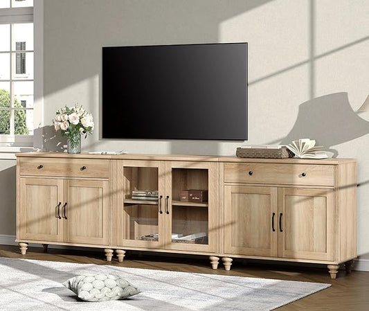 WAMPAT Farmhouse TV Stand for 100 Inch TV, 3-in-1 TV Console Table for 75/80/85/90 Inch TV, Entertainment Center with Glass & Wood Door, Kitchen Sideboard Buffet Cabinet for Dining Room, Oak
