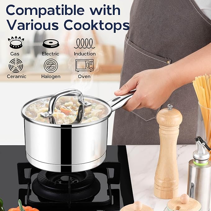 LIANYU Stainless Steel Saucepan with Visible Lid, 1QT & 2QT & 3QT Sauce Pan Sets, Multi-Purpose Small Induction Cooking Pots for Home Kitchen, Healthy & Non-Toxic, Oven & Dishwasher Safe