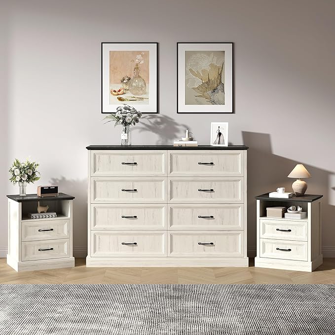 Farmhouse Dresser and Nightstand Sets 3 Piece, Nightstands Set of 2 & 8 Drawers Dresser for Bedroom, 55" Wide and 24" Inch Night Stand Set for Bedroom, Living Room, Hallway, White