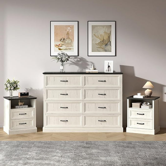 Farmhouse Dresser and Nightstand Sets 3 Piece, Nightstands Set of 2 & 8 Drawers Dresser for Bedroom, 55" Wide and 24" Inch Night Stand Set for Bedroom, Living Room, Hallway, White