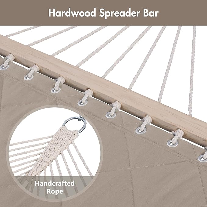 ANOW Double Hammock with Spreader Bars and Detachable Pillow, 2 Person Hammock for Outside, 450 LBS Weight Capacity, Light Brown