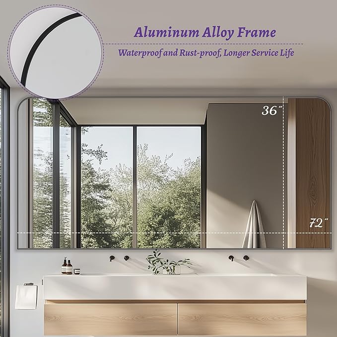Bathroom Mirror, Wall Mirrors, Black Metal Framed Wall-Mounted Mirrors, Bathroom Vanity Mirror for Over Sink, Living Room, Bedroom, Entryway, 72x36 Inch, Black