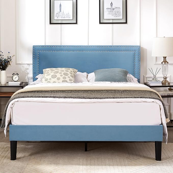 VECELO Bed Frame Queen Size with Adjustable Upholstered Headboard, Wooden Slats Platform, Noise-Free Design, Easy Assembly