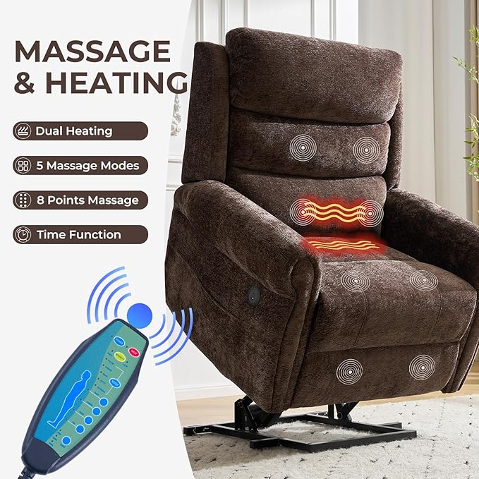 Power Lift Recliner Chair for Elderly with Adjustable Headrest, Lay Flat Lift Chair with Dual Heating and Massage, Electric Lift Recliner for Big and Tall, Extended Footrest, Coffee