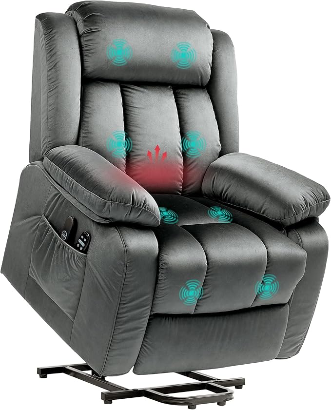 HOMCOM 35" Wide Back Power Lift Recliner Chair for Elderly with Massage and Heat, Electric Lift Chair with Remote Controllers, USB Ports and Side Pockets, Gray