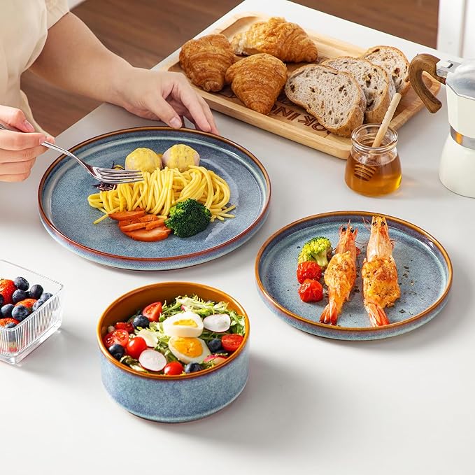 vancasso ONION Ceramic Plates and Bowls Sets, 18 Pieces Blue Dinnerware Sets for Kitchen, Reactive Glaze Dishes Set for 6, Dishwasher and Microwave Safe