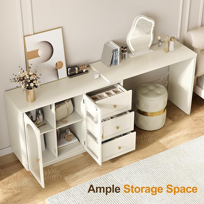 RoyalCraft White Makeup Vanity Desk, Modern L Shaped Corner Vanity with Storage, Wood Large Dressing Table for Women Girlfriend, Extendable Makeup Table for Bedroom, Cream White (Without Mirror)