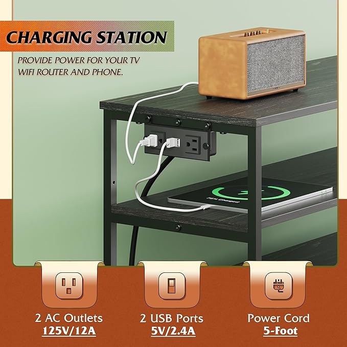 WLIVE Black TV Stand for 40, 45 inch TV, Entertainment Center with LED Lights & Charging Station, TV Media Console Table with 6 Fabric Drawers and Open Shelves for Living Room, Hallway, Wood Top