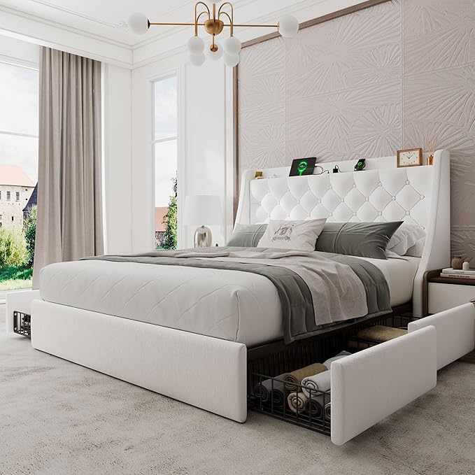 Full Size Bed Frame with 4 Storage Drawers, Upholstered Bed Frame with Large Wingback Headboard, Charging Station, No Box Spring Needed, White