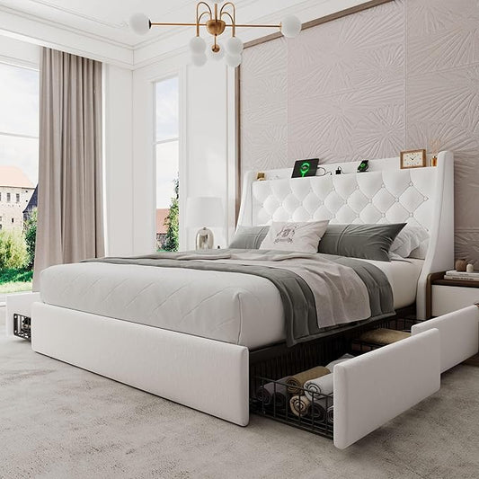 Queen Bed Frame with 4 Storage Drawers, Upholstered Bed Frame with Large Wingback Headboard, Charging Station, No Box Spring Needed, White