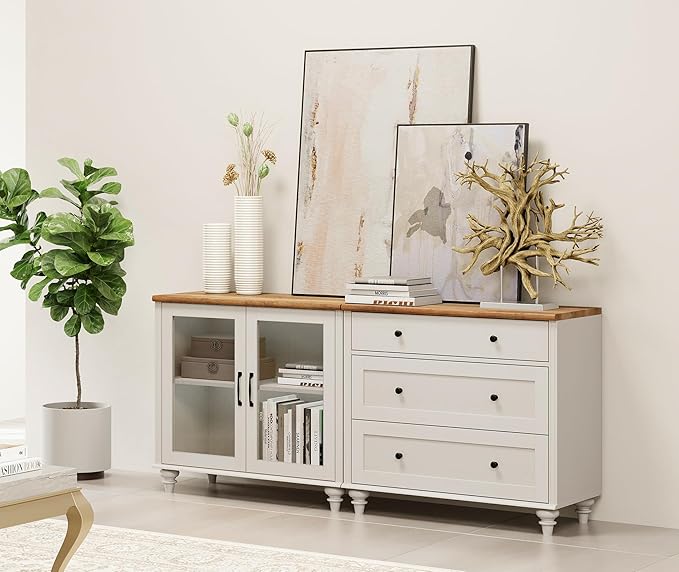 WAMPAT TV Stand for 75 Inch TV, Wood TV Cabinet Entertainment Center Television Stands for Living Room, 2-in-1 Sideboard Buffet Cabinet with Glass Door & Drawer for Kitchen, Off White