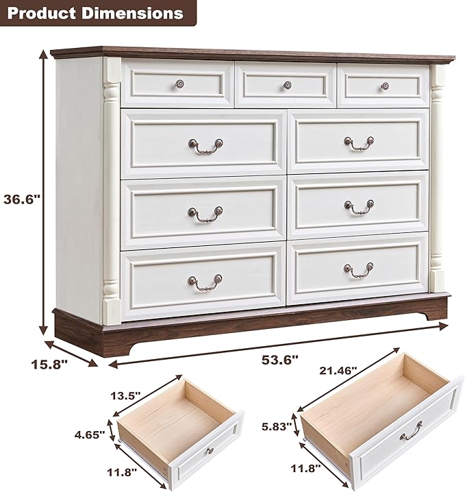 Farmhouse 9 Drawer Dressers for Bedroom, 54" Wood Dresser with Deep Drawers & Roman Column, Big Chest of Drawers for Living Room, Hallway, Antique White