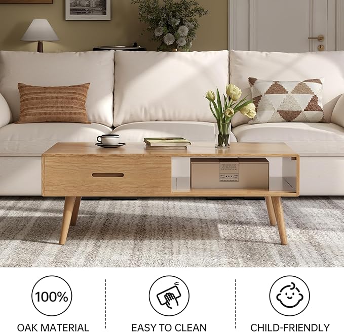 47.24" Solid Wood Coffee Table for Living Room, Oak Coffee Table with Storage Shelf and 2 Drawers, Mid-Century Modern Coffee Tables for Home (Original Wood Color)