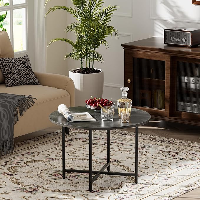 Round Coffee Table, Small Coffee Tables for Living Room, Wood Coffee Table with Metal Frame, Floor Table Desk for Sitting on The Floor, Home, Office, Farmhouse, Dark Gray (23.6" D x 17.7" H)