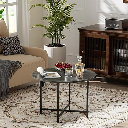 Round Coffee Table, Small Coffee Tables for Living Room, Wood Coffee Table with Metal Frame, Floor Table Desk for Sitting on The Floor, Home, Office, Farmhouse, Dark Gray (23.6" D x 17.7" H)