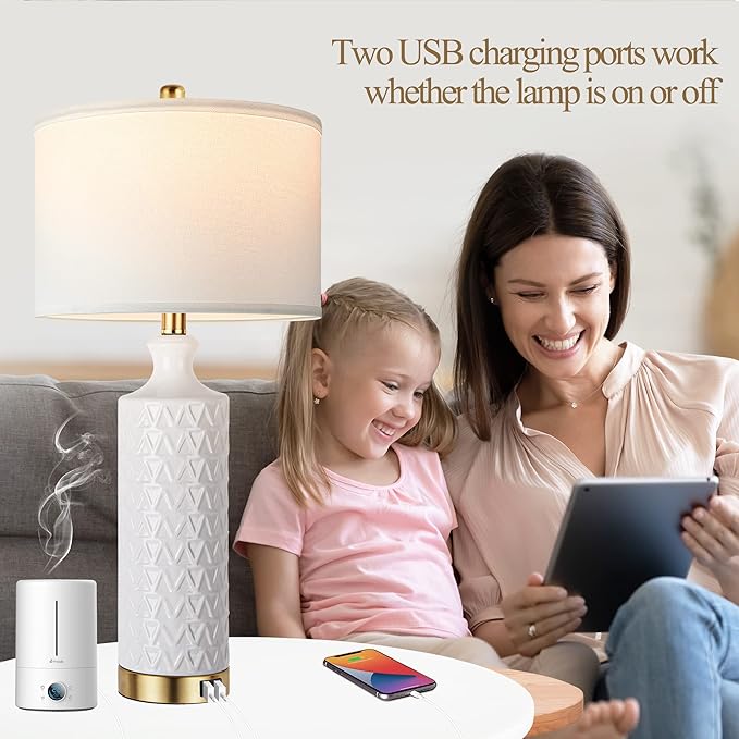 Touch Control Table Lamp Set of 2, Modern Contemporary Ceramic Bedside Lamps with 2 USB Ports, 3-Way Dimmable Nightstand Lamp with White Fabric Shade for Living Room, Bedroom (LED Bulbs Included)