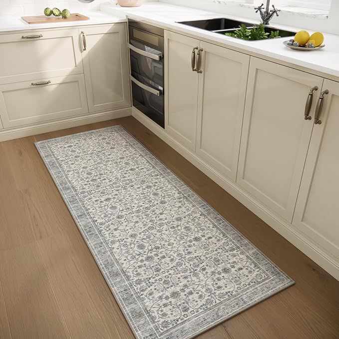 2'x6' Washable Runner Rug Utral Soft Lightweight Vintage Boho Distressed Non-Slip Backing,Low Pile Stain Resistant Farmhouse Rug for High-Traffic Hallway, Kitchen & Laundry