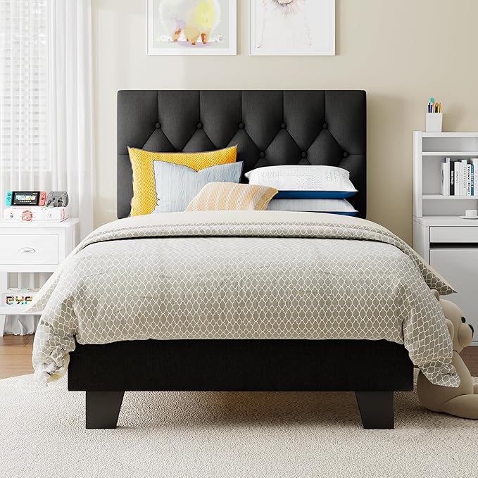 Twin Upholstered Bed Frame with Headboard, Button Tufted Linen Bed Base, Platform Bed with Wood Slat, Heavy Duty, Easy Assembly, No Box Spring Needed, Black