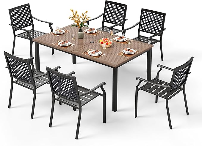 PHI VILLA 7 Pieces Patio Dining Set for 6, 65” Wood-Like Metal Steel Dining Table & Stackable Iron Dining Chairs, Large Dining Furniture Set for Outdoor Deck, Yard, Porch