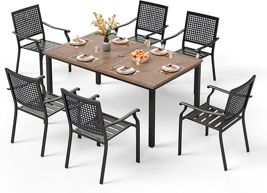 PHI VILLA 7 Pieces Patio Dining Set for 6, 65” Wood-Like Metal Steel Dining Table & Stackable Iron Dining Chairs, Large Dining Furniture Set for Outdoor Deck, Yard, Porch
