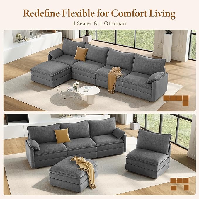 Vesgantti 142" Cloud Couch Sectional Modular Sofa, Comfy Sectional Couch with Ottoman Deep Seat Chenille L Shaped Sofa, Modular Couches for Living Room, Bedroom and Apartment, Gray