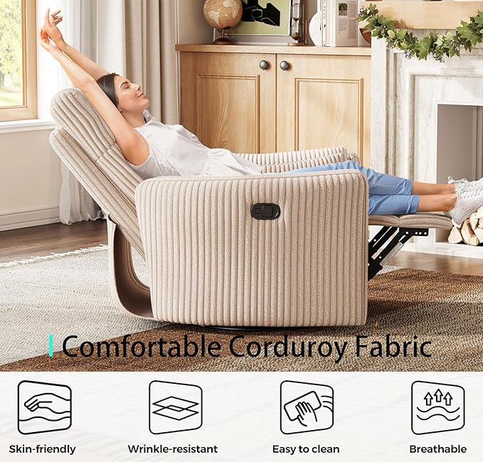 LINSY 360 Swivel Recliner Chair: Corduroy Rocking Chair Nursery Glider Chairs with 2 Pillows Comfy High Back Adult Recliner for Small Spaces, Living Room Bedroom Nursery Reclining Chairs, Beige