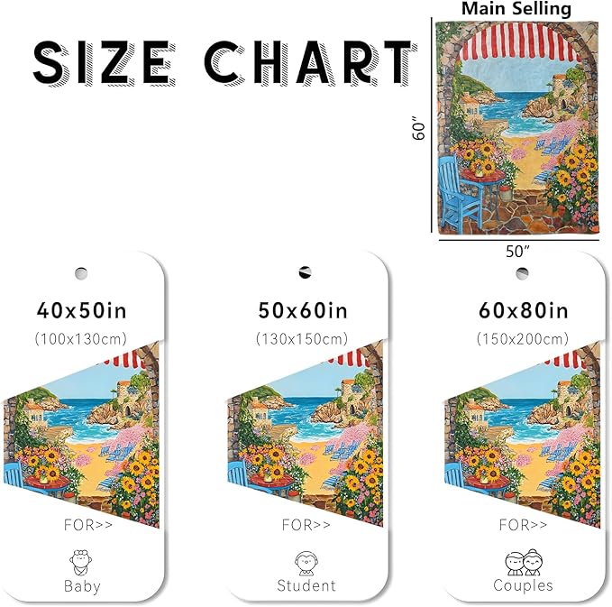 Seaside Scenery Blanket, Cozy Flannel Vibrant Coastal with Sunflowers Throw Blanket for Couch Outdoor, Plush Soft Lightweight Travel Blankets for Bed Decor and Gifts, for Women Adults 60"x80"