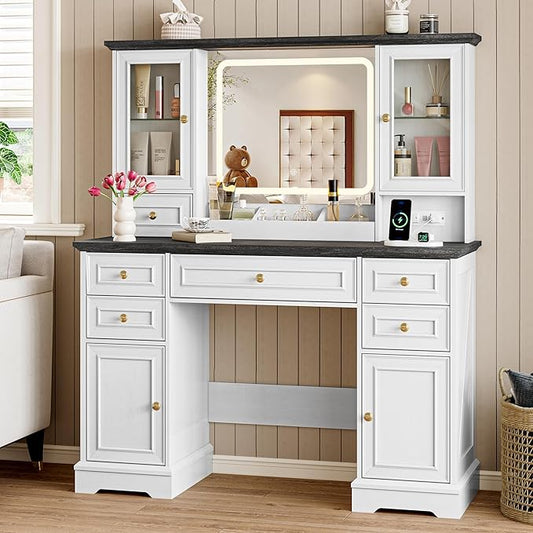 Vanity Desk with Lights, Large LED Mirror with 3 Color Modes, Makeup Vanity with Power Outlet & USB Ports, 6 Drawers & 2 RGB Glass Cabinets, Farmhouse Dressing Table for Women & Girls (White)