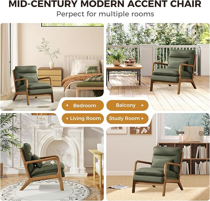 Phoenix Home Accent Chair Set of 2 Mid Century Lounge Chair PU Leather, Upholstered Reading Armchair with Lumbar Pillow & Solid Wood Frame for Office, Living Room Bedroom, Balcony, Green