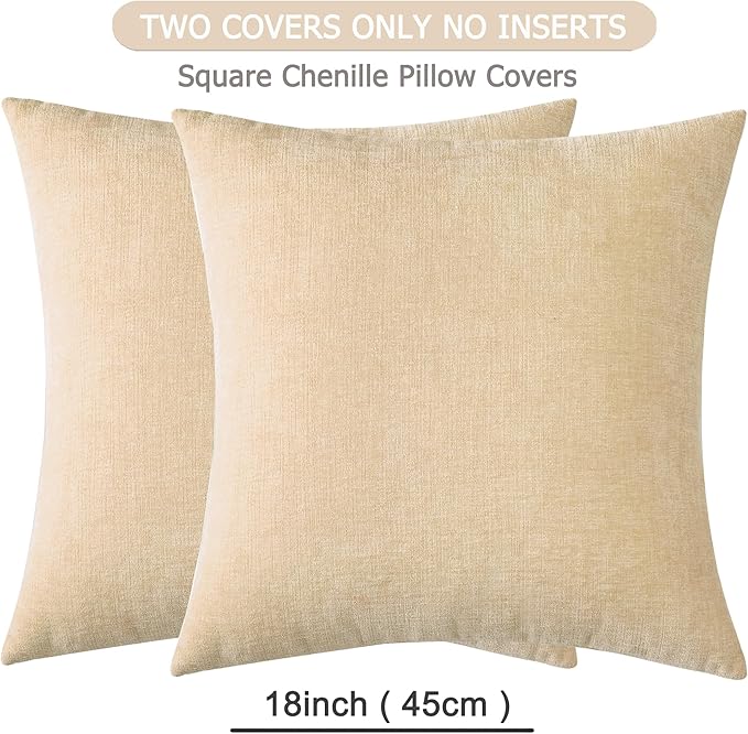 GAWAMAY Decorative Throw Pillow Covers 16x16 Inch Set of 2, Super Soft Chenille Square Pillows Farmhouse Fall Pillowcase for Living Room Bedroom Sofa Couch Cushion Cover Beige 40x40cm (No Insert)