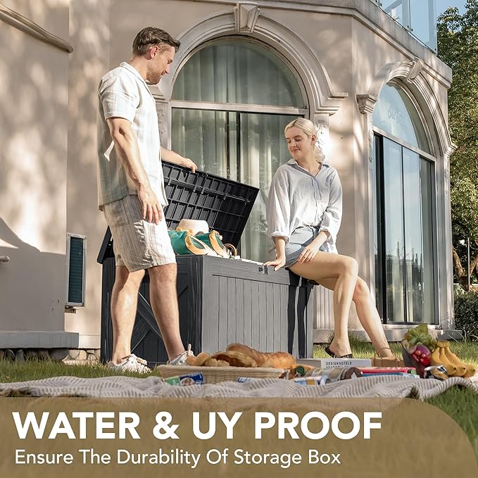 Devoko 120 Gallon Deck Box Resin Outdoor Storage Box Waterproof for Patio, Large Outdoor Storage Bench Lockable for Outside (Grey)