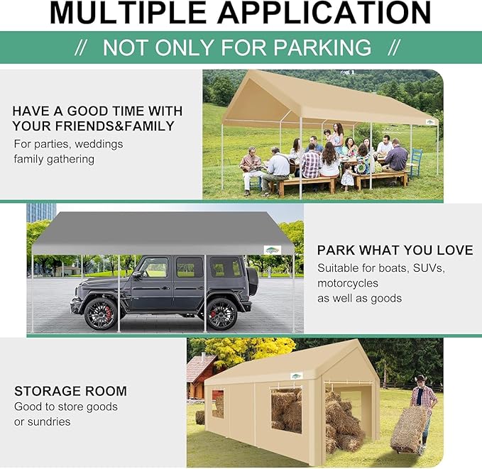 COBIZI Carport 12x20ft Heavy Duty Portable Garage, 2.0 Powder Coated Frame(Better Than Galvanized), Waterproof Shelter with Built-in Sandbags, for Car/Boat/SUV, Khaki