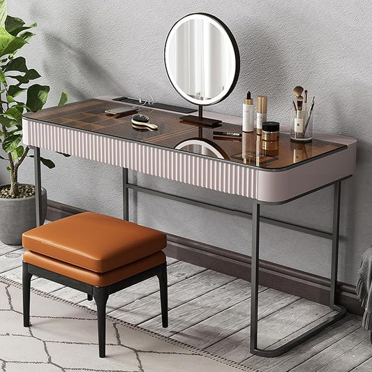 Lartis Makeup Vanity,Dresser Stool Set,Dresser,Computer Desk,partitioned Storage,Smart Socket,LED Makeup Mirror (Beige White, 47 in)