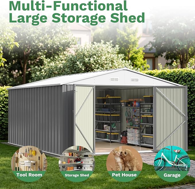 Patiowell 10x14 FT Outdoor Storage Shed, Large Metal Garden Shed with Lockable Door and Sloping Roof, Outside Steel Utility Tool Sheds for Backyard Lawn Garden Patio, Grey