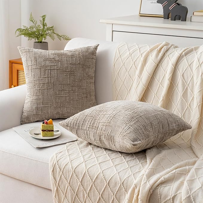 Decorative Throw Pillow Covers 20x20 Inch Set of 4, Soft Solid Farmhouse Chenille Couch Pillows, Spring Pillow Covers for Couch Sofa Bed Living Room Home Decor Pillowcase, Light Khaki