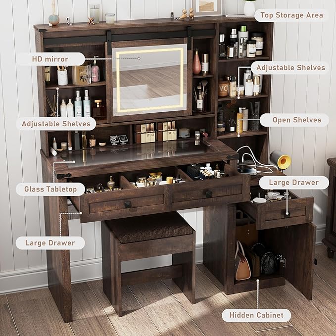 Farmhouse 47.2" Makeup Vanity Desk with Sliding Mirror and Lights, Vanity Set with Stool & Charging Station, 3 Colors Lights, Glass Desktop, Ample Storage, Brown