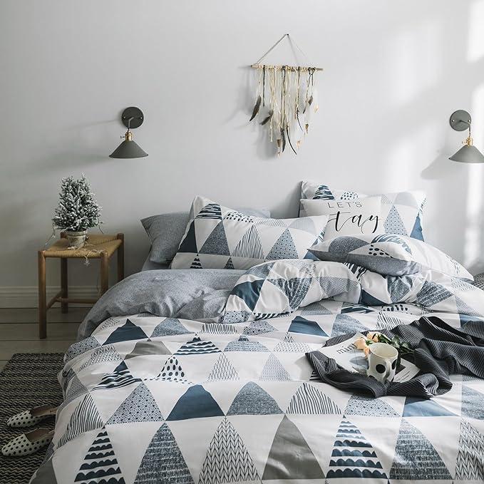 mixinni Geometric Comforter Twin XL Fluffy College Dorm Modern Style Blue Gray Triangle Pattern Comforter for Boys Teens-(1 Comforter+2 Pillow Shams)-Twin XL Size