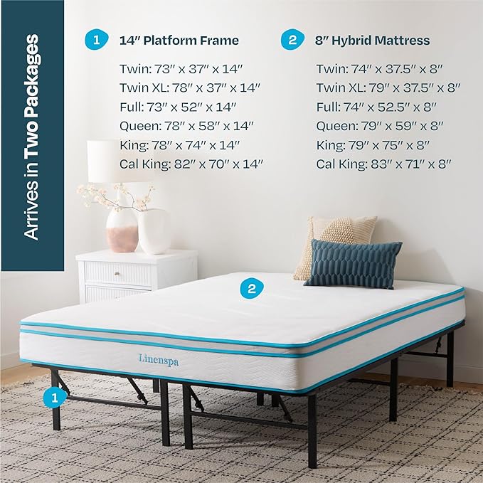 Linenspa 8” Memory Foam and Innerspring Hybrid Mattress + 14” Black Metal Platform Bedframe – Full Mattress + Metal Folding Full Bedframe