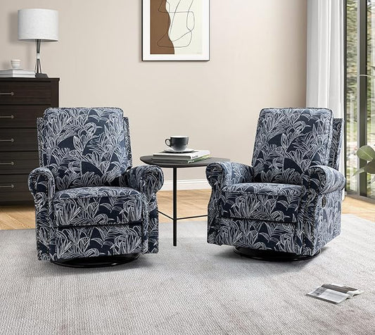 HULALA Home Rocker Recliner Set of 2, Modern Printed Fabric Swivel Glider with Adjustable Backrest & Footrest, Upholstered Manual Recliner Chair Home Theater Singe Sofa for Living Room Bedroom, Navy