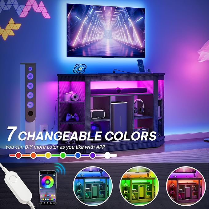 YITAHOME CornerTV Stand for 55 Inch TV, Modern Black TV Stand with Wheels for PS5, LED Gaming Entertainment Center with Power Outlets, Gaming TV Console Cabinet, Black Carbon Fiber